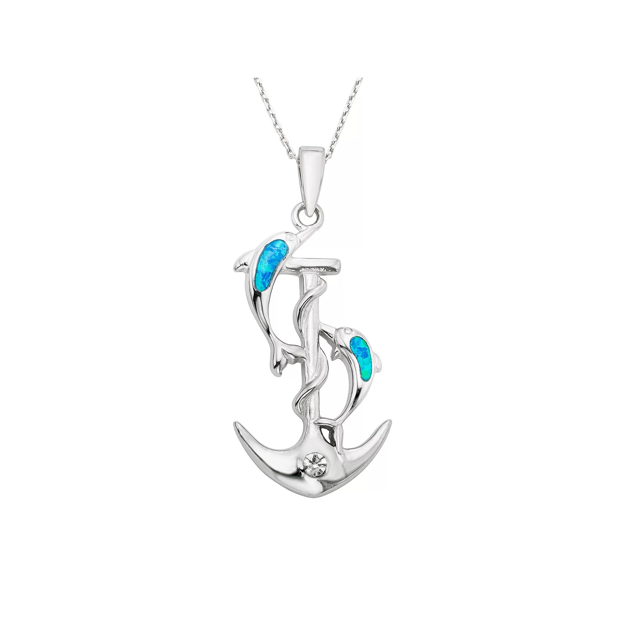 Lab-Created Blue Opal & Cubic Zirconia Sterling Silver Dolphin & Anchor Pendant Necklace, Womens Product Image