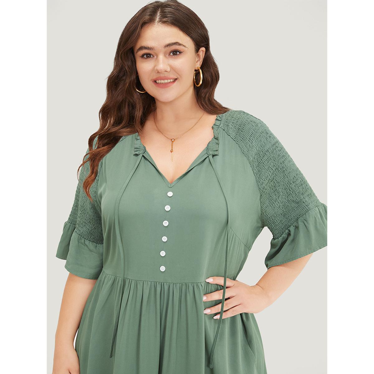 Plus Size Plain Frill Trim Button Detail Pocket Ruffles Shirred Sleeve Dress Mint Women Elegant Frill Trim V-neck Half Sleeve Curvy Midi Dress BloomChic 22-24/3X Product Image