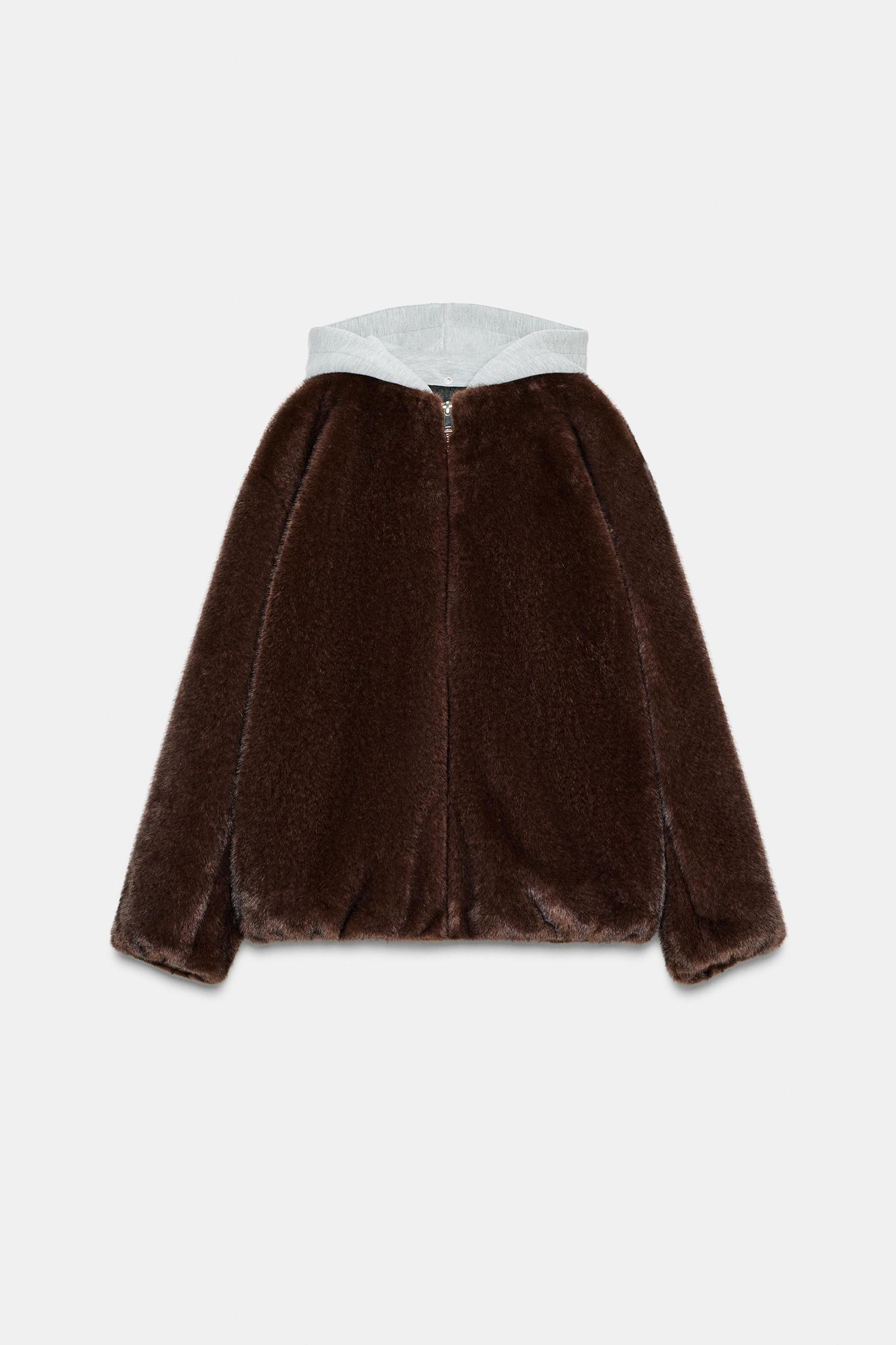 CONTRAST FAUX FUR HOODIE BOMBER JACKET Product Image