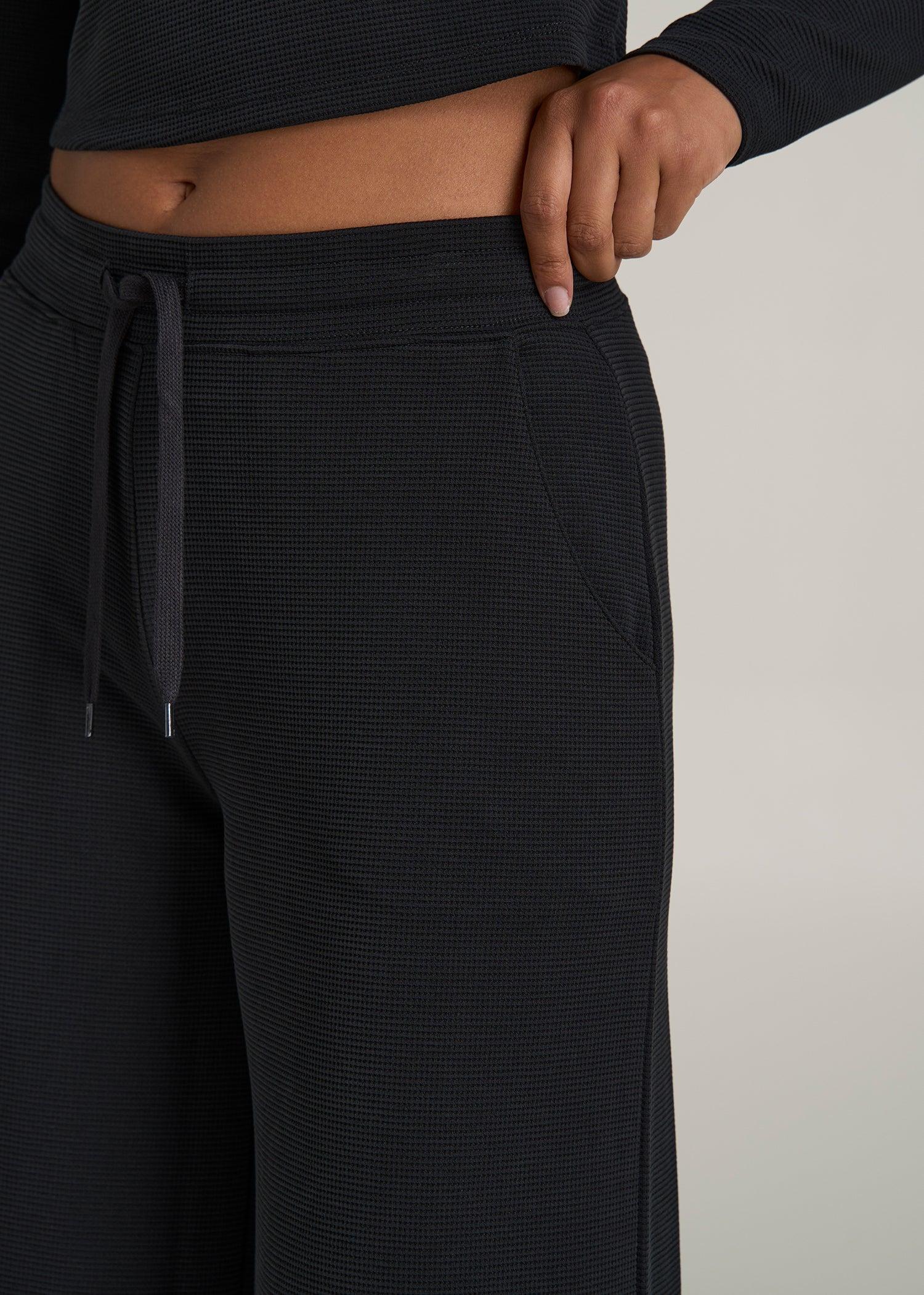 Mid-Rise Waffle Wide-Leg Pants for Tall Women in Black Female Product Image