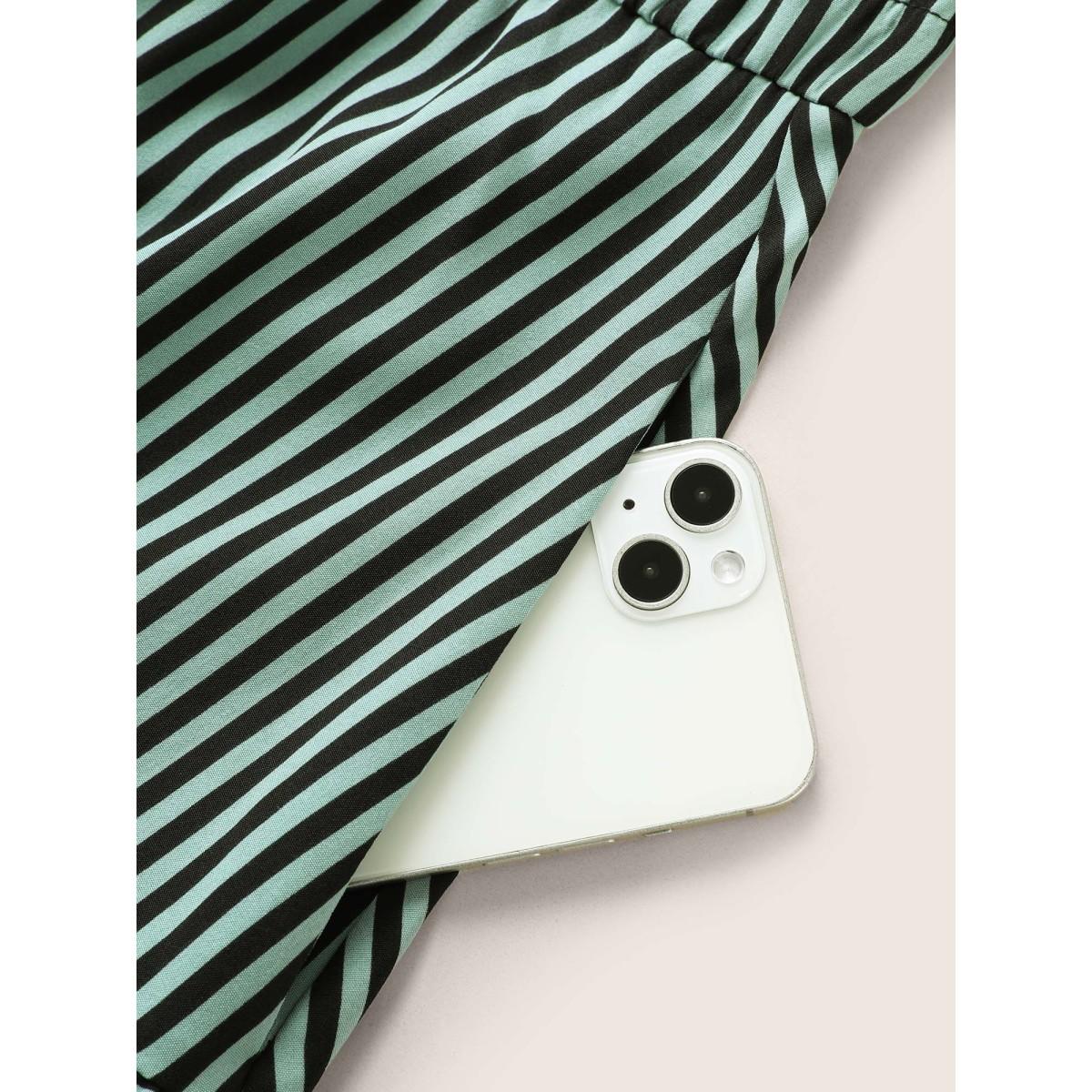 Plus Size Striped Button Detail Ruffle Layered Hem Dress Emerald Women At the Office Button Notched collar Short sleeve Curvy BloomChic 12/L Product Image