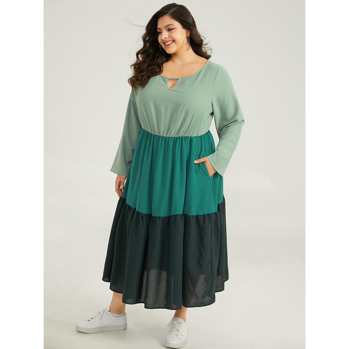 Plus Size Colorblock Contrast Keyhole Layered Hem Dress Mint Women Casual Plain Keyhole Cut-Out Long Sleeve Curvy Midi Dress BloomChic 30/6X Product Image