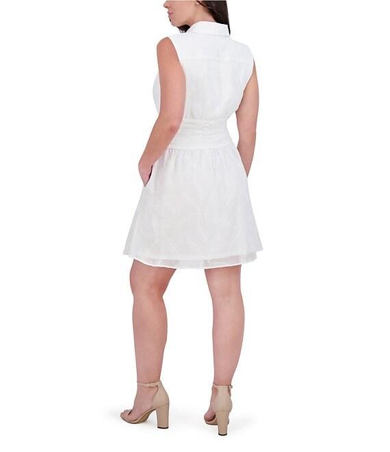 Kensie Embroidered Woven Point Collar Neck Sleeveless A-Line Mini Dress Product Image