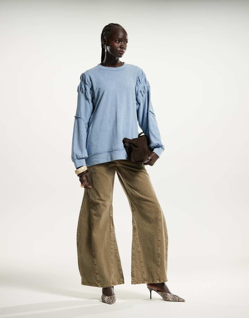 ASOS DESIGN ruched sleeve sweatshirt in washed blue Product Image