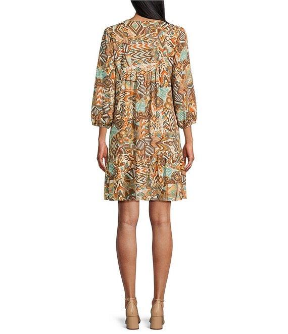 Nurture Printed Tassel V-Neck 3/4 Sleeve A-Line Dress Product Image