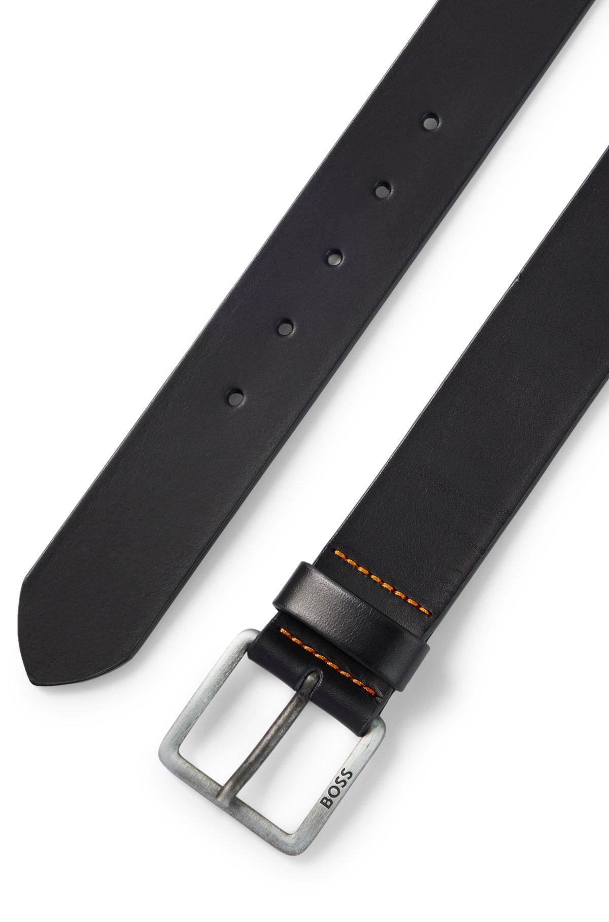 Leather belt with logo and dark ruthenium hardware Product Image