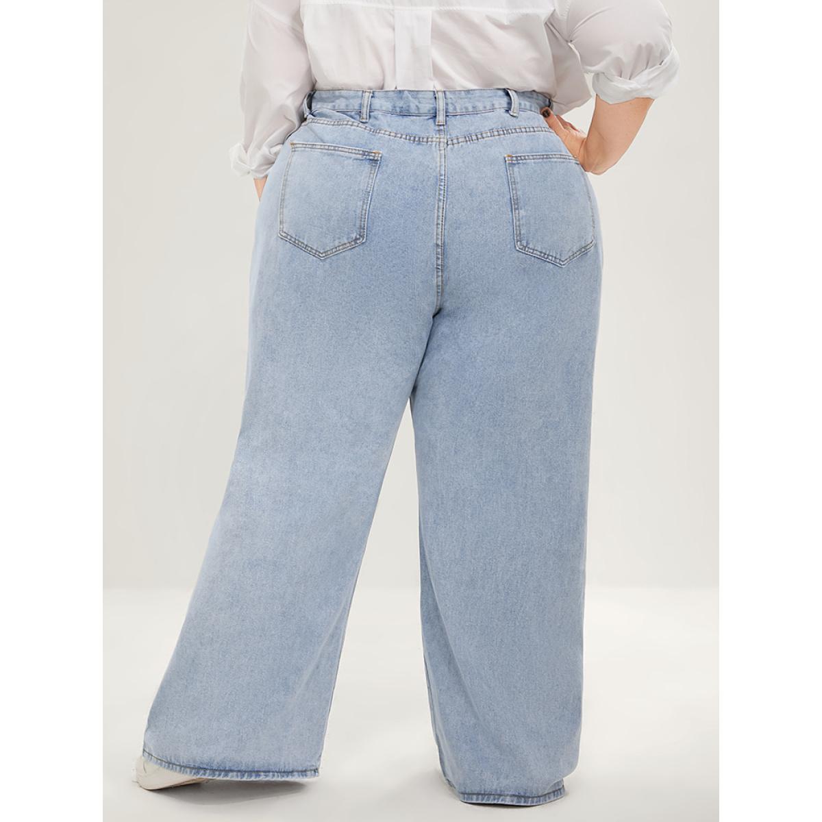 Plus Size Boyfriend Wide Leg Non Stretchy High Rise Light Wash Distressed Jeans Women LightBlue Casual Plain Distressed No stretch Pocket Jeans BloomChic 16/1X Product Image
