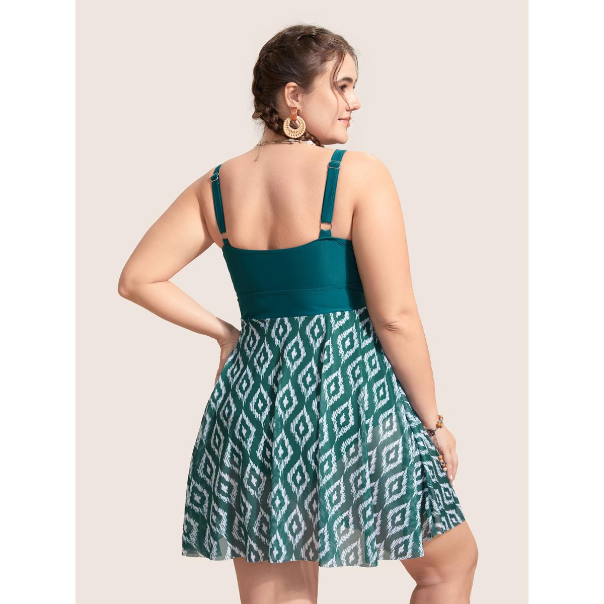 Plus Size Geometric Patchwork See Through Ruffles Swim Dress Women's Swimwear DarkGreen Beach Bodycon V-neck High stretch Curve Swim Dresses BloomChic 28/5X Product Image
