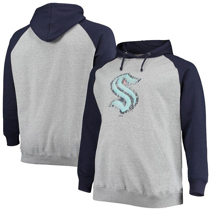 Men's Fanatics Branded Heathered Gray/Deep Sea Blue Seattle Kraken Big & Tall Raglan Pullover Hoodie, Size: 2XLT, Krk Grey Product Image