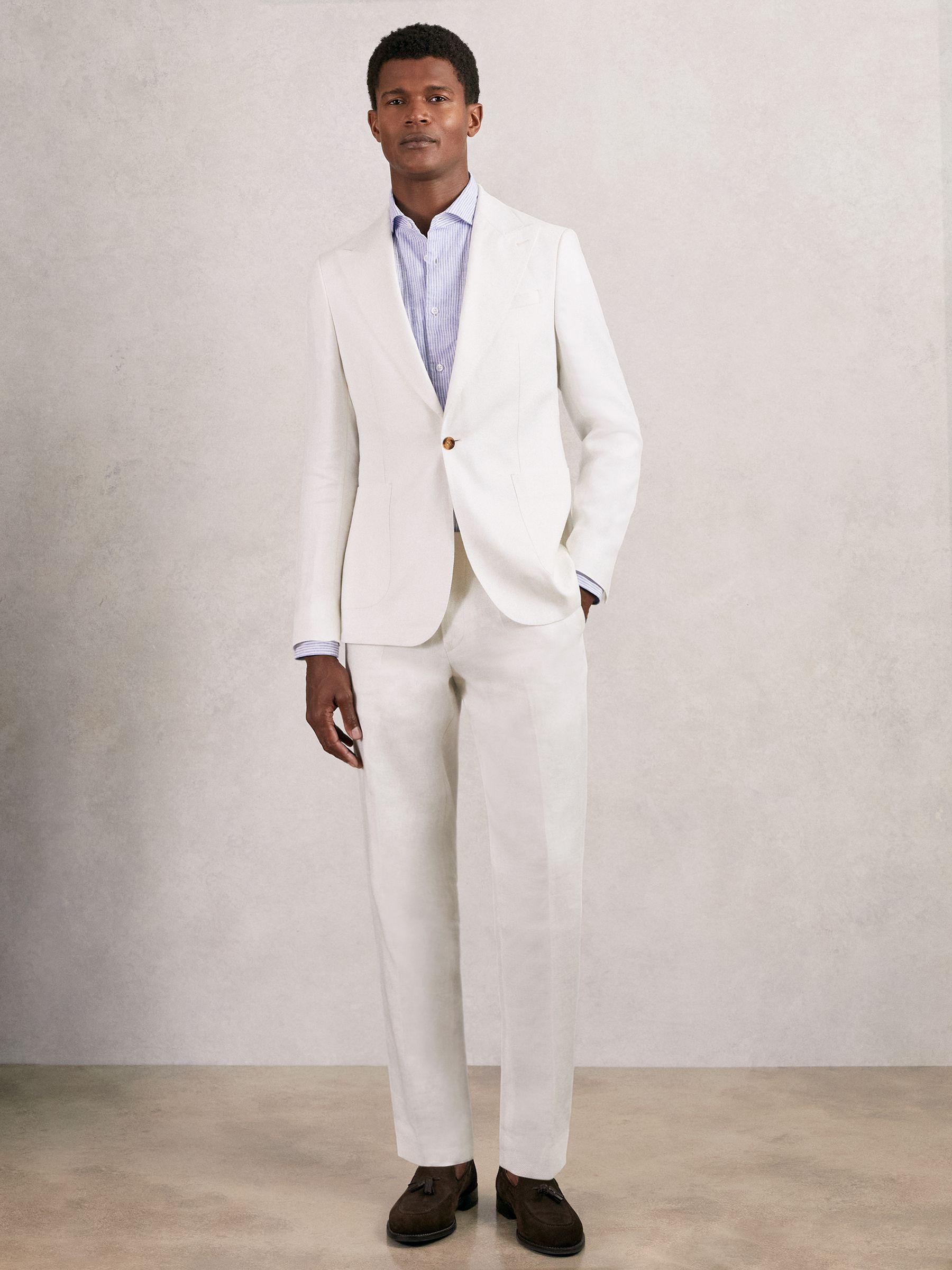 Slim Fit Lyocell Linen Single Breasted Suit Blazer in White Product Image