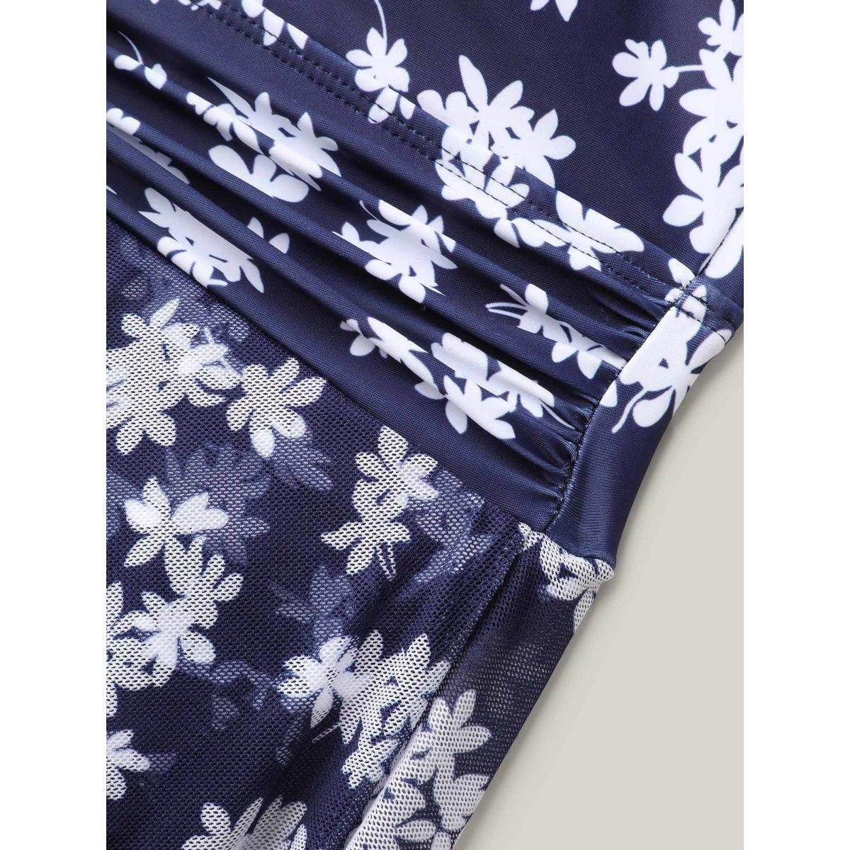 Plus Size Floral Print Mesh Fit Flare Swim Dress Women's Swimwear Indigo Beach Bodycon Overlap Collar High stretch Curve Swim Dresses BloomChic 18-20/2X Product Image