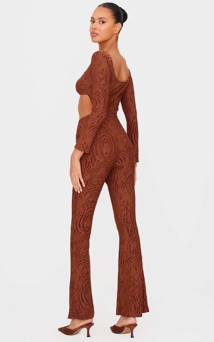 Chocolate Devore Long Sleeve Trim Cut Out Detail Jumpsuit Product Image
