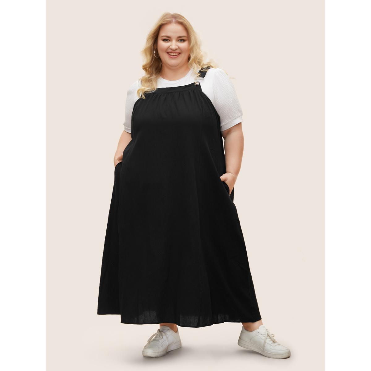 Plus Size Cotton Solid Adjustable Straps Pocket Midi Dress Black Women Leisure Gathered Non Sleeveless Curvy BloomChic 18-20/2X Product Image