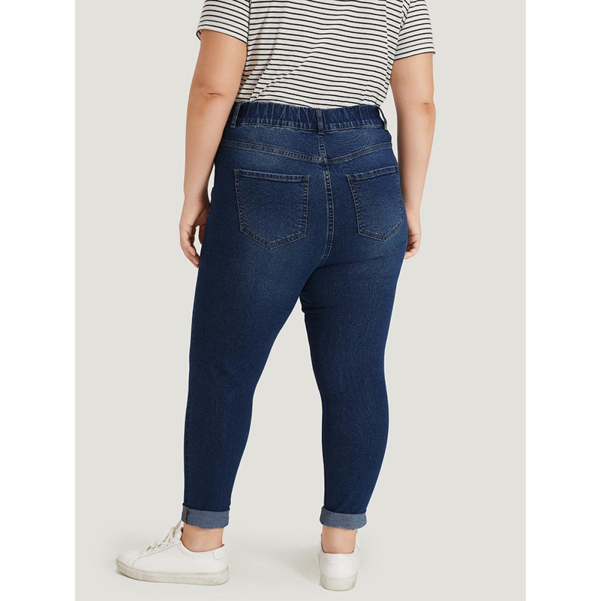 Plus Size Plain Elastic Waist Medium Wash Roll Hem Jeans Women DarkBlue Casual Plain Plain High stretch Pocket Jeans BloomChic 28/5X Product Image