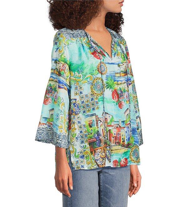 JOHNNY WAS Scenic Print Silk Split V-Neck 3/4 Sleeve Flowy Blouse Product Image