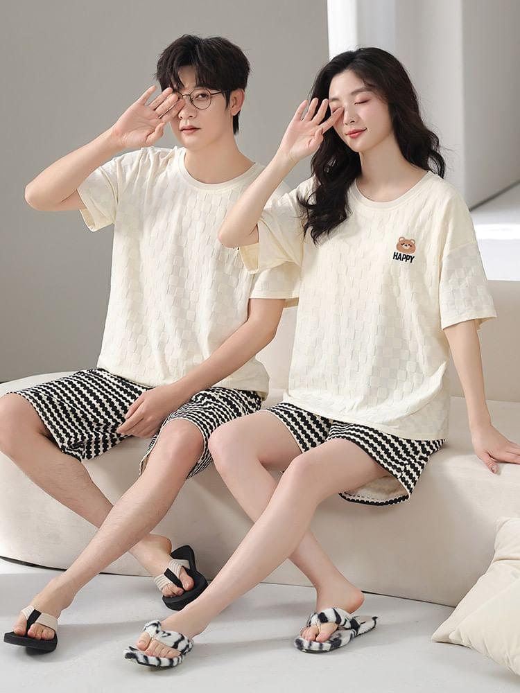 Couple Matching Pajama Set: Short-Sleeve Bear Print T-Shirt + Shorts Product Image