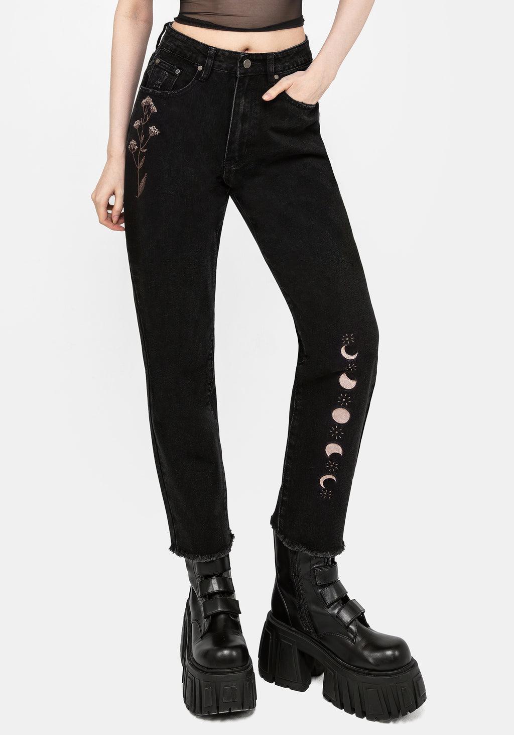 Griffinfly Embroidered Distressed Denim Mom Jeans Product Image