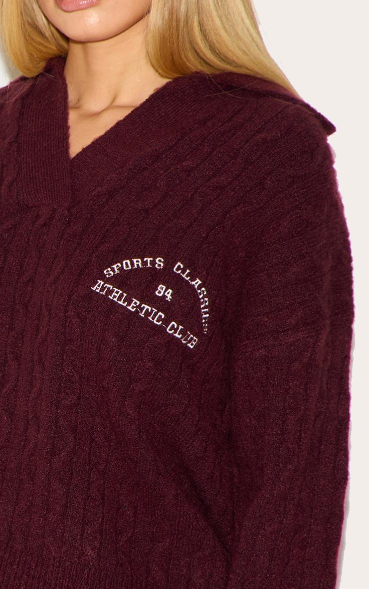 Burgundy Soft Cable Knit Embroidered Collar Detail Oversized Sweater Product Image