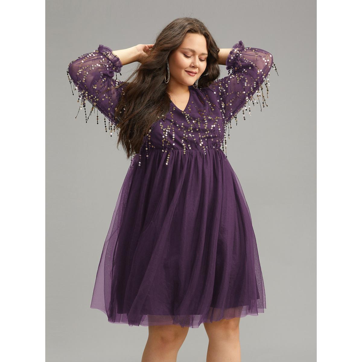 Plus Size Sequin Mesh Patchwork Tassel Dress DarkBlue Women Cocktail Gathered Overlap Collar Long Sleeve Curvy Knee Dress BloomChic 26/4X Product Image