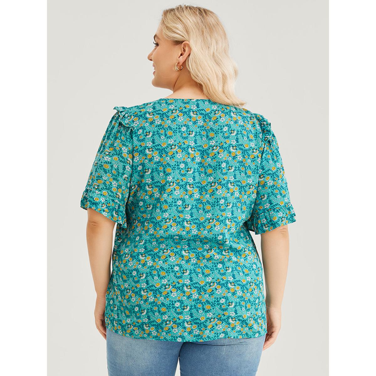 Plus Size Emerald Bandana Ruffle Trim Knot Front Button Detail Blouse Women Elegant Short sleeve V-neck Dailywear Blouses BloomChic 12/L Product Image