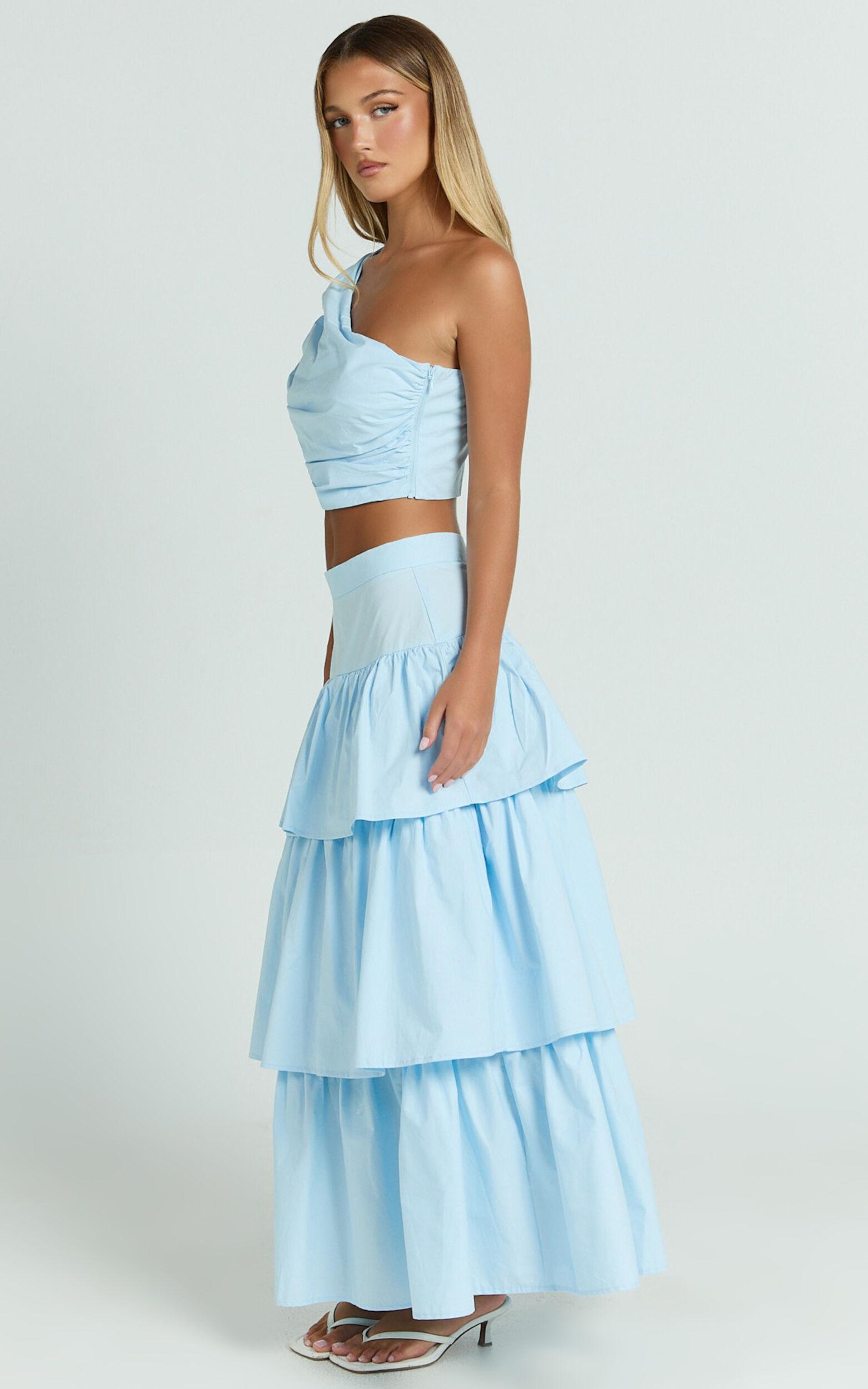 Kaycie Two Piece Set - One Shoulder Asymmetrical Ruched Top and Tiered Midi Skirt Set in Pale Blue Product Image