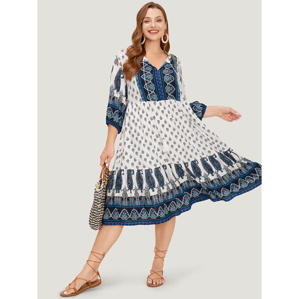 Plus Size Bandana Print Ruffles Lantern Sleeve Pocket Tassels Tie Neck Dress White Women Vacation Tassels Tie Neck Elbow-length sleeve Curvy Midi Dress BloomChic 26/4X Product Image