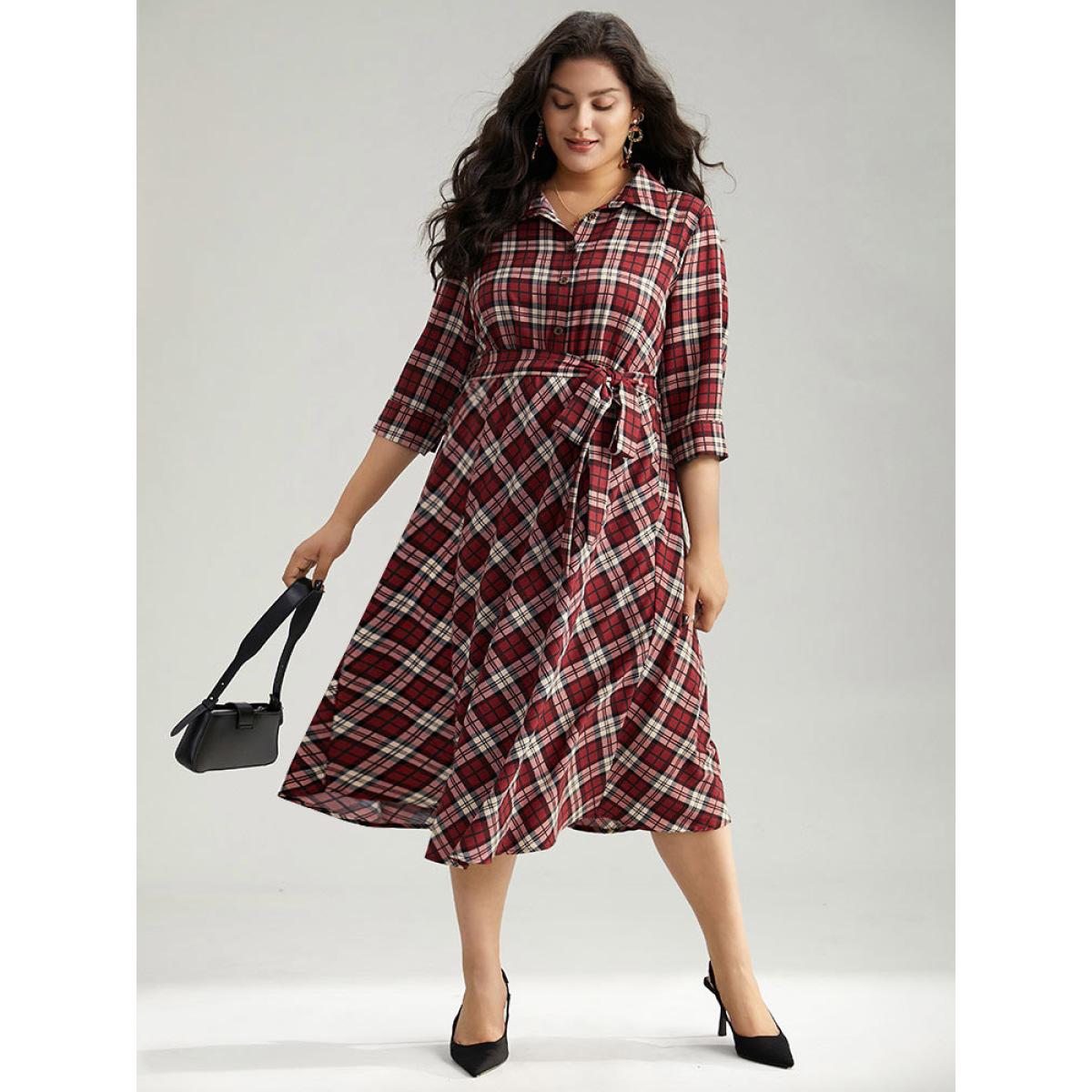 Plus Size Christmas Plaid Shirt Collar Button Up Belted Dress Burgundy Women Office Belted Shirt collar Elbow-length sleeve Curvy Midi Dress BloomChic 30/6X Product Image