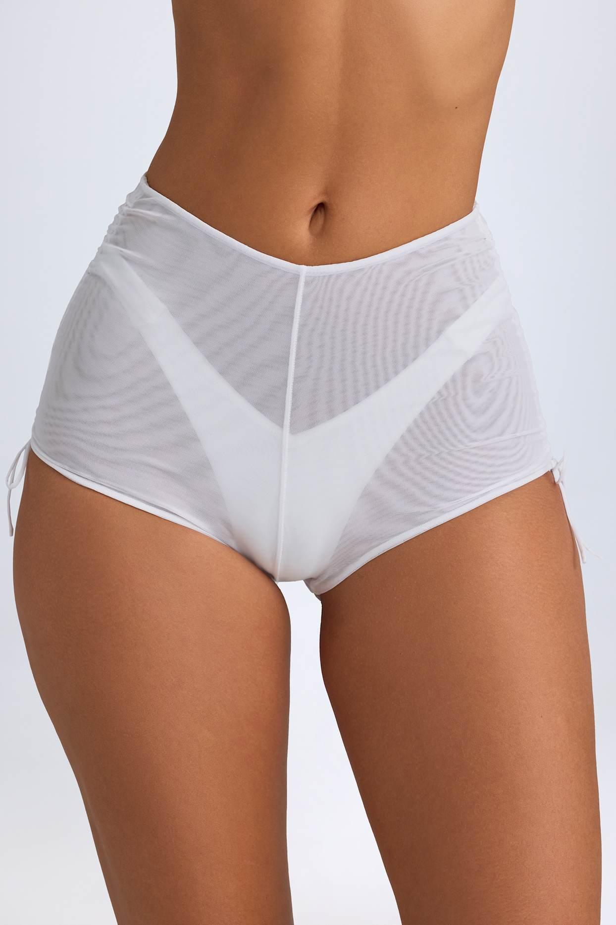 Sheer Ruched Mini Shorts in White Product Image