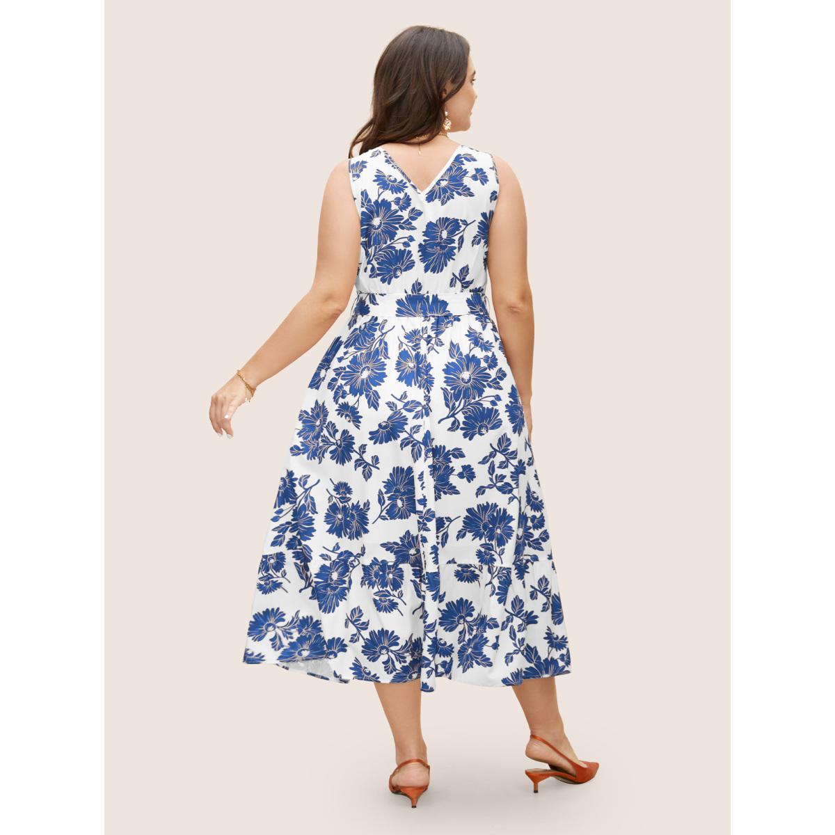 Plus Size Overlap Collar Floral Sleeveless Belted Dress DarkBlue Women Elegant Belted Overlap Collar Sleeveless Curvy BloomChic 12/L Product Image