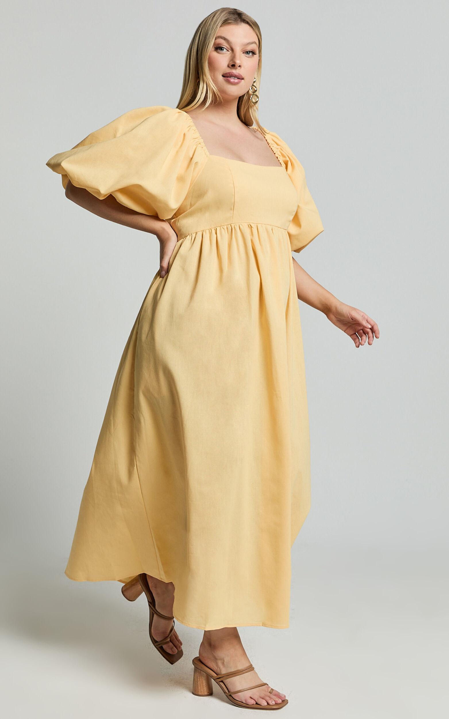 Cenia Midi Dress - Linen Straight Neck Shirred Back Puff Sleeve Dress in Lemon Product Image