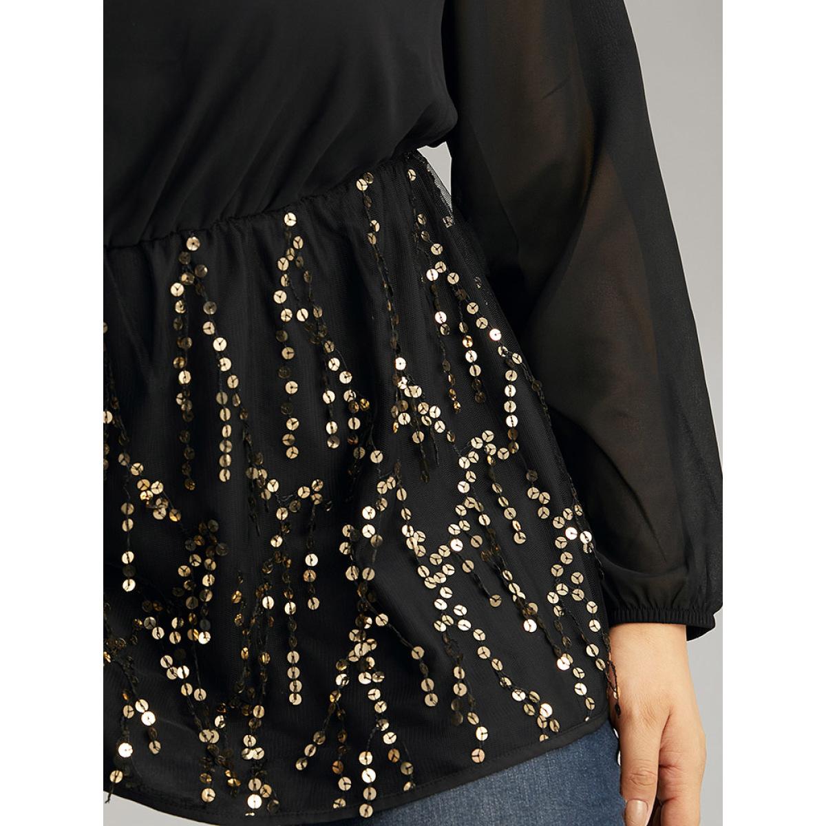 Plus Size Black Sequin Mesh Patchwork Square Neck Blouse Women Glamour Long Sleeve Square Neck Going out Blouses BloomChic 10/M Product Image