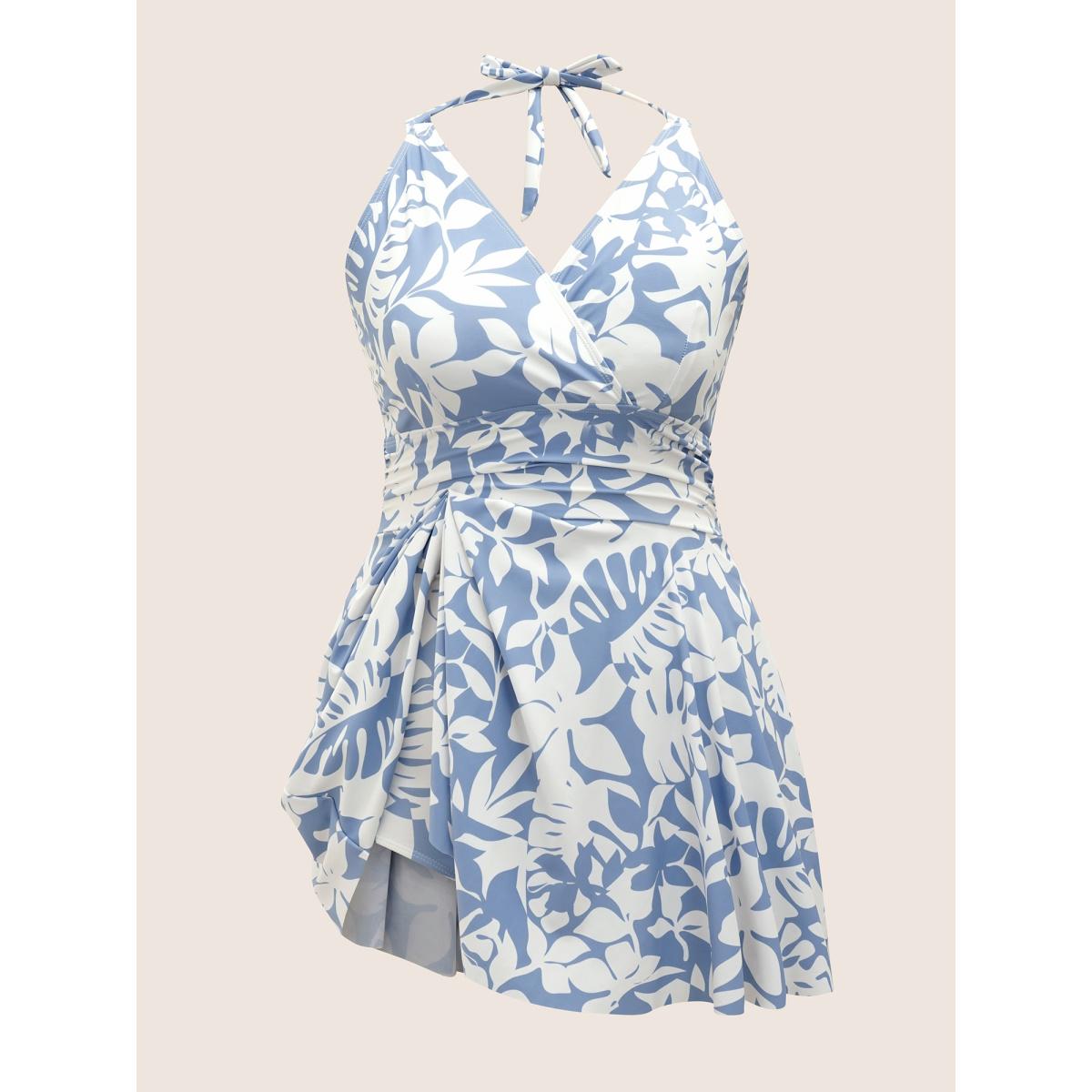 Plus Size Overlap Collar Silhouette Floral Print Swim Dress Women's Swimwear LightBlue Beach Bodycon Overlap Collar High stretch Curve Swim Dresses BloomChic 26/4X Product Image