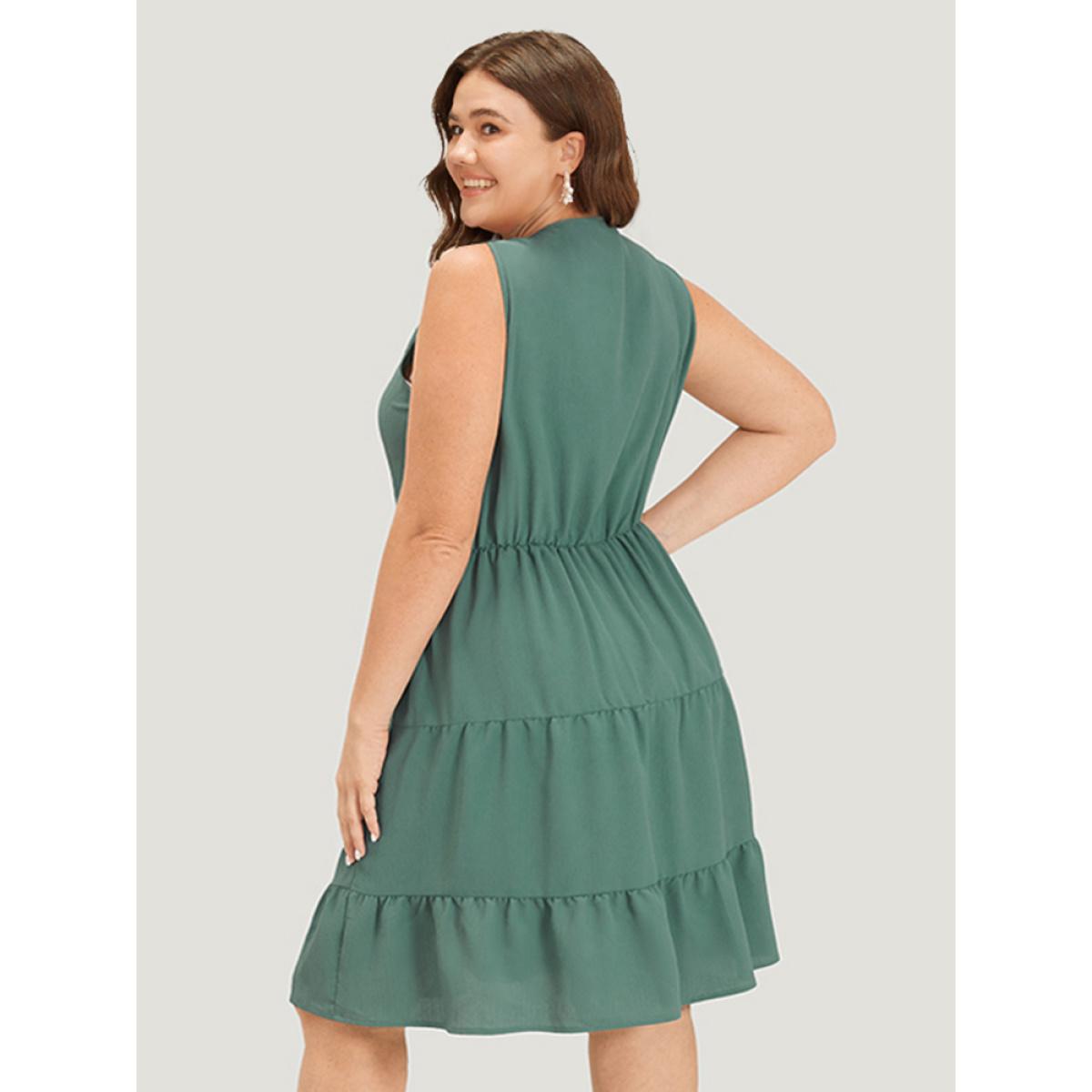 Plus Size Plain Button Detail Ruffle Layered Hem Gathered Tank Dress Teal Women Elegant Patchwork V-neck Sleeveless Curvy Knee Dress BloomChic 14-16/1X Product Image