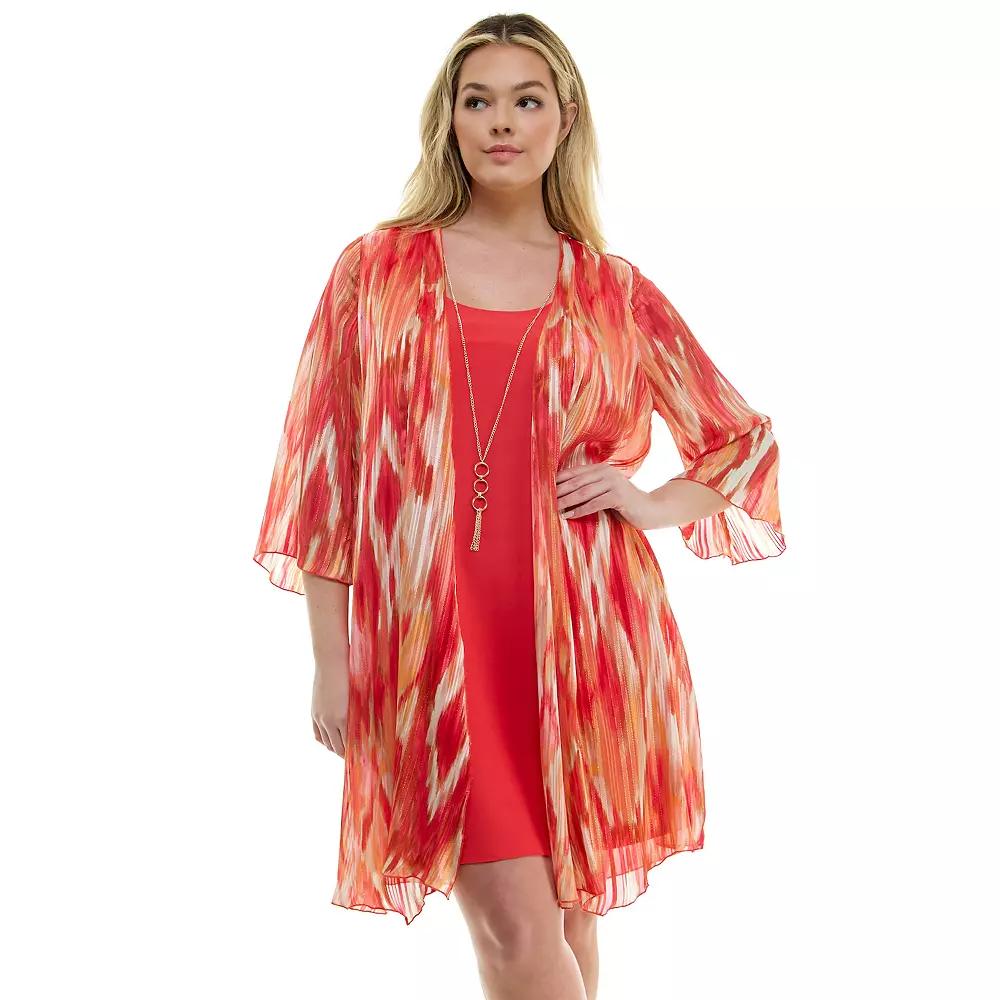 Plus Size Luxology 2-Piece 3/4 Bell Sleeve Cardigan & Drop Collar Dress Set, Womens Pink Peach Product Image