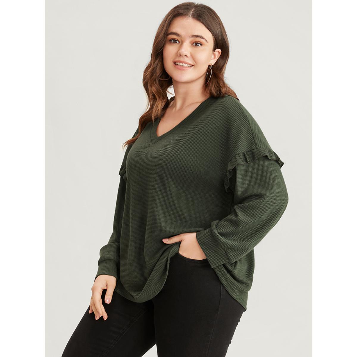 Plus Size Solid V Neck Ruffles Trim Long Tee Sage Women Elegant Ruffles Plain V-neck Dailywear T-shirts BloomChic 22-24/3X Product Image