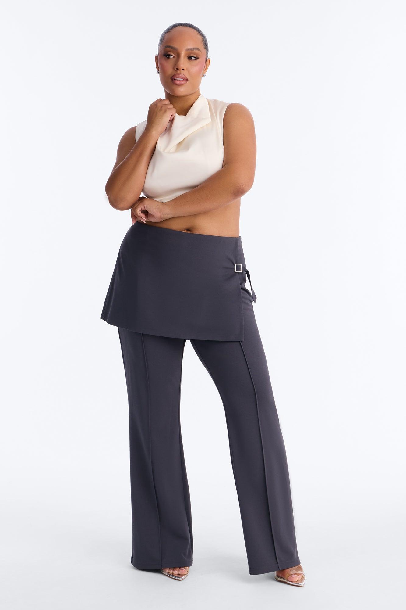 Layered Buckle Waist Mid Rise Flared Pants 33″ - Charcoal Female Product Image