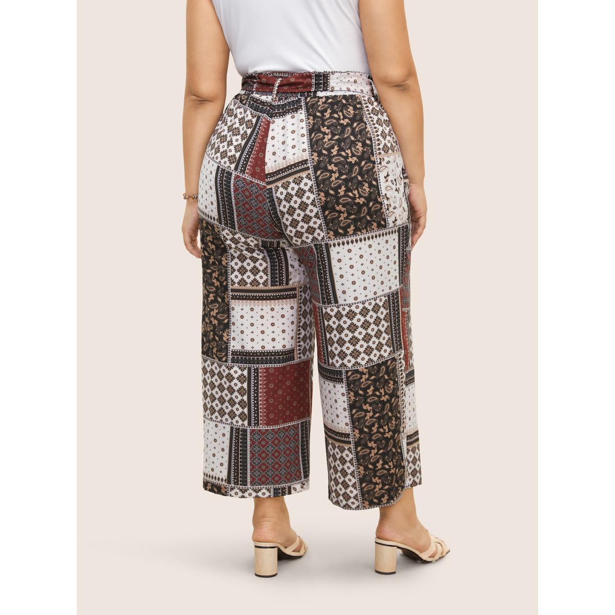 Plus Size Patchwork Floral Belted Wide Leg Pants Women Deepred Resort Wide Leg High Rise Vacation Pants BloomChic 30/6X Product Image