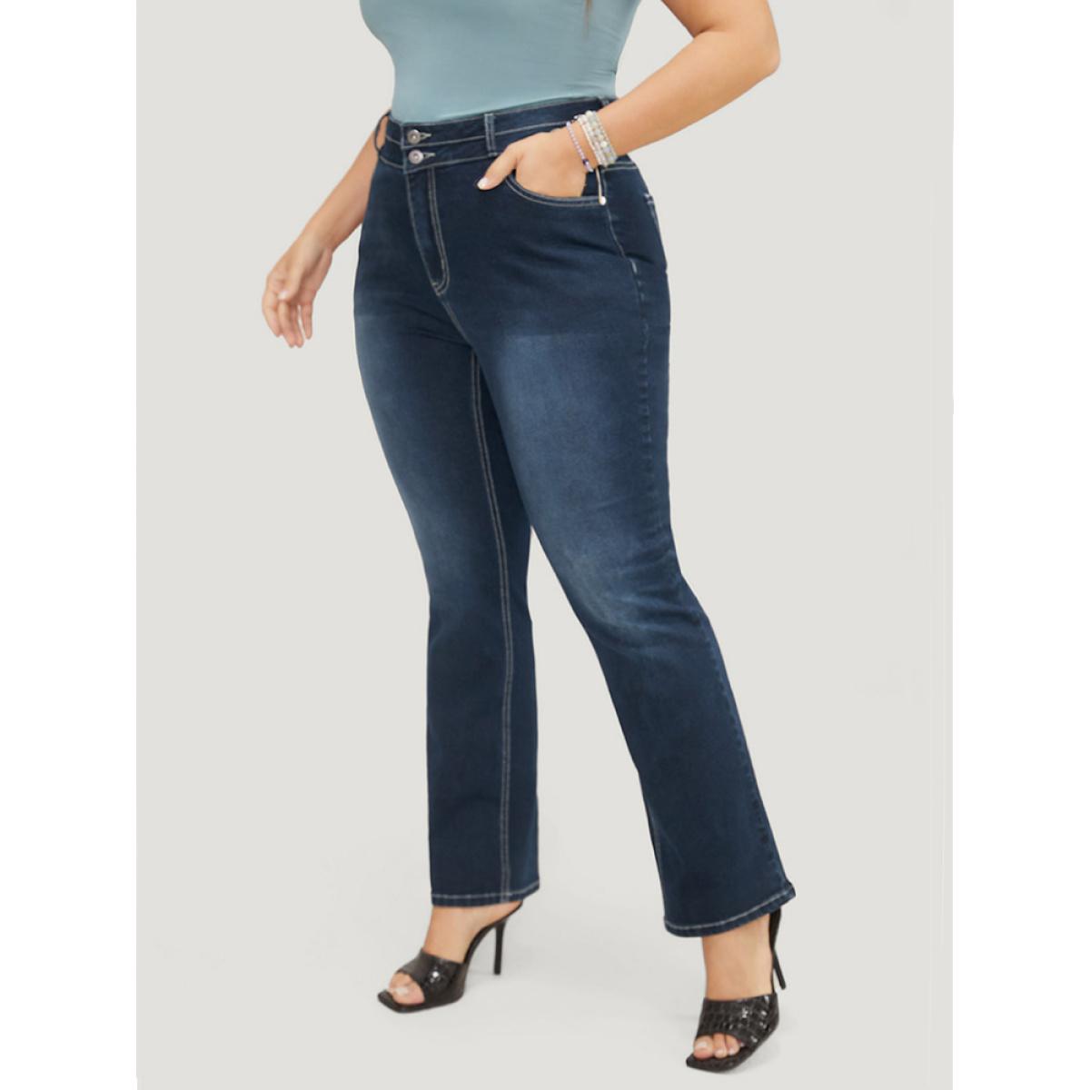 Plus Size Very Stretchy High Rise Dark Wash Contrast Stitching Jeans Women DarkBlue Casual Plain High stretch Pocket Jeans BloomChic 10/M Product Image