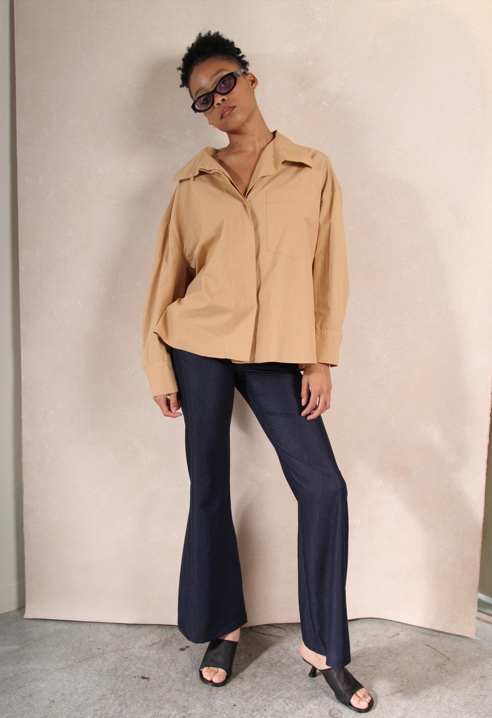 High Collar Button Down in Tan Product Image