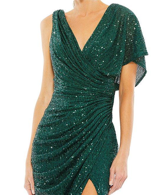 Mac Duggal Sequin Asymmetrical Drape Back V-Neck One Short Sleeve Gathered Side Gown Product Image