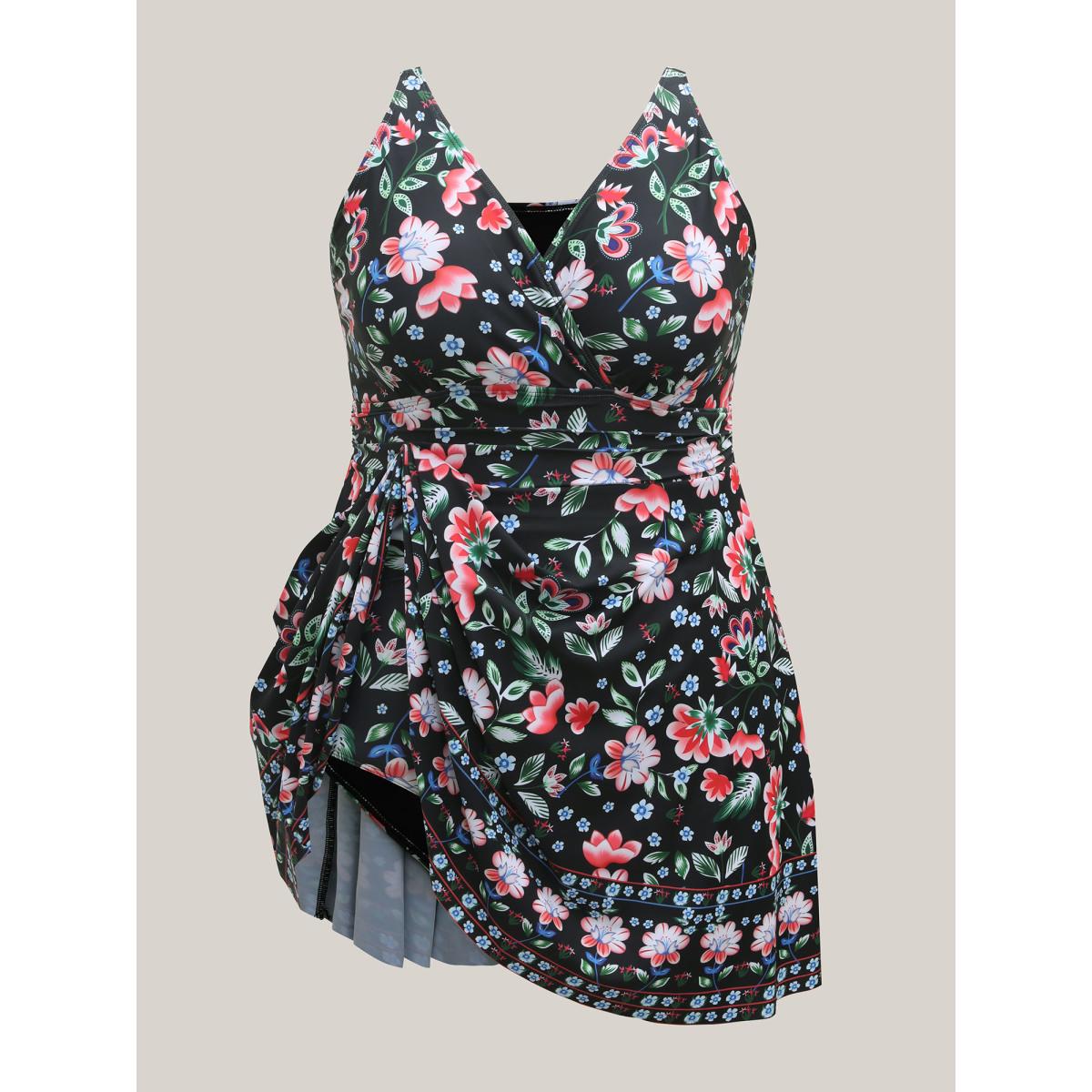 Plus Size Floral Print Surplice Neck Swim Dress Women's Swimwear Black Resort Bodycon Overlap Collar High stretch Curve Swim Dresses BloomChic 14-16/1X Product Image