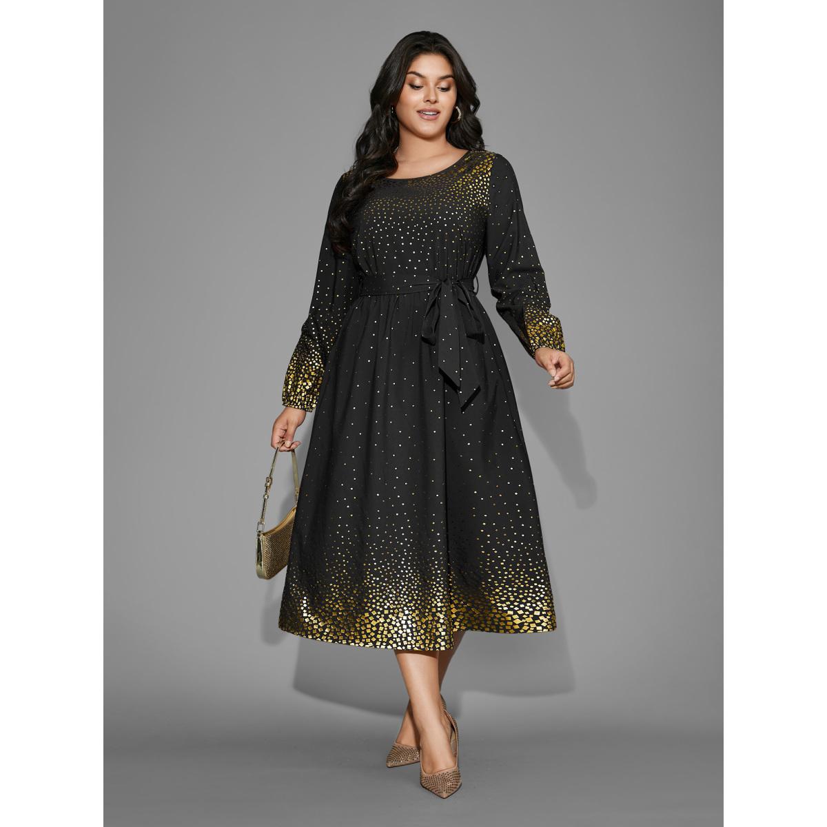 Plus Size Glitter Round Neck Belted Lantern Sleeve Dress Plum Women Party&Cocktail Texture Party Curvy Bloomchic 10/M Product Image