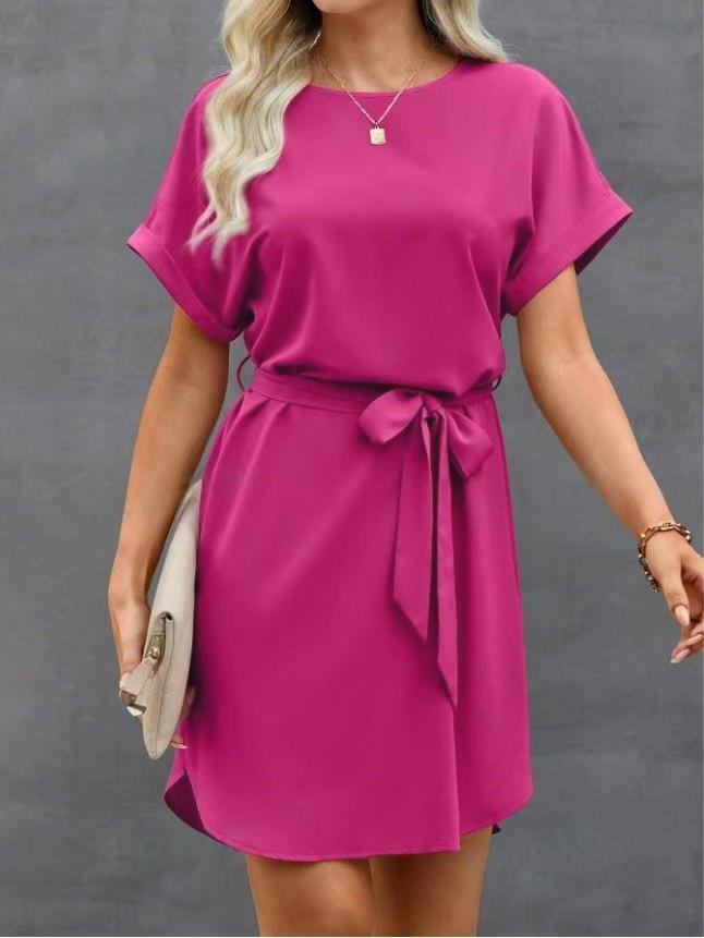 Loose Short Sleeves Solid Color Tied Waist Round-Neck Mini Dresses Product Image