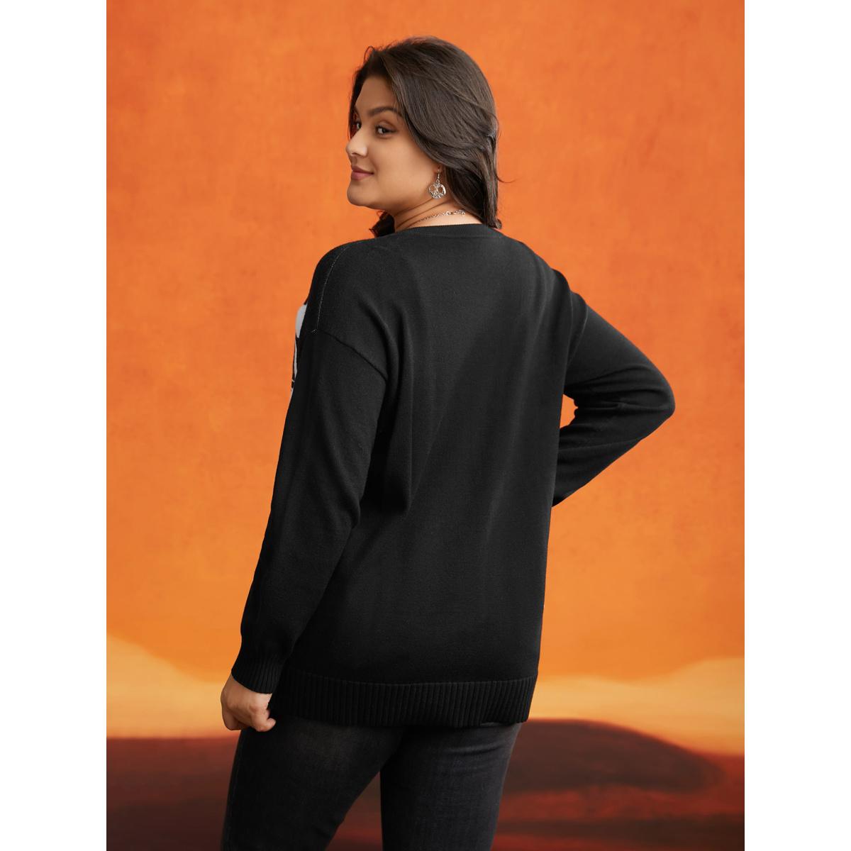 Plus Size Supersoft Essentials Spider Printed Jacquard Pullover Black Women Casual Loose Long Sleeve Round Neck Everyday Pullovers BloomChic 22-24/3X Product Image