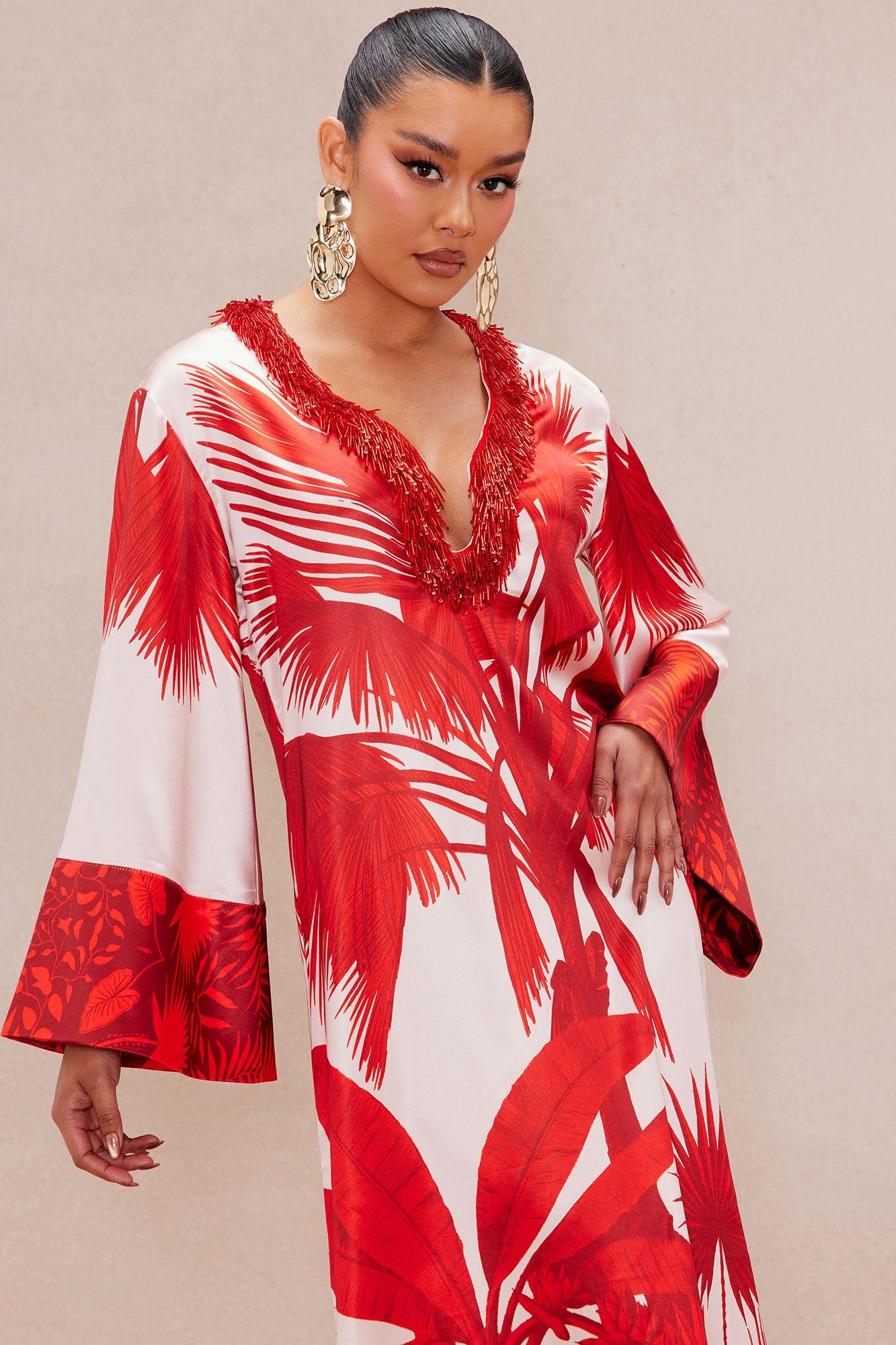 Selena Satin Kaftan Maxi Dress - Red/combo Product Image