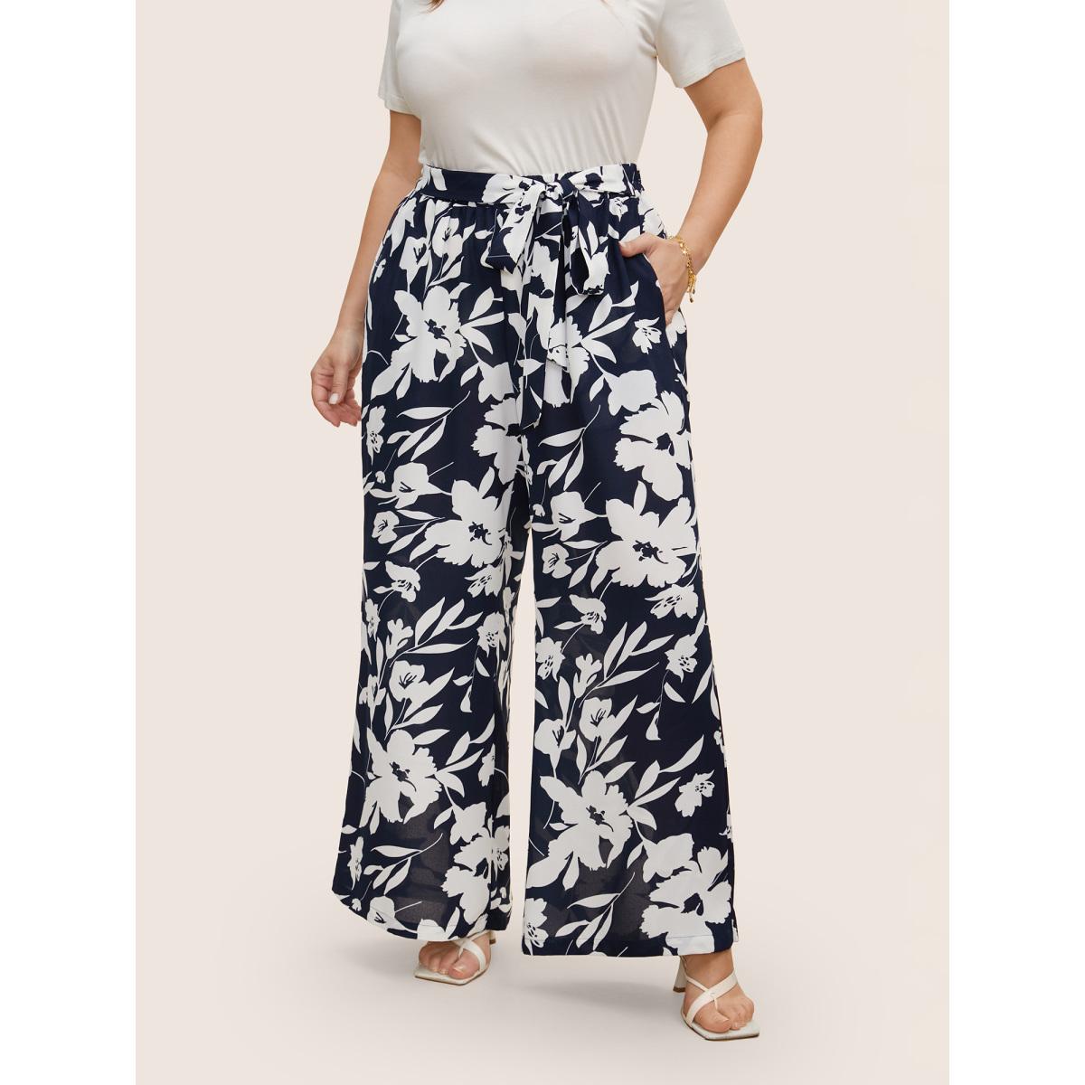 Plus Size Silhouette Floral Print Ties Side Seam Pocket Pants Women Indigo Elegant Wide Leg High Rise Everyday Pants BloomChic 10/M Product Image