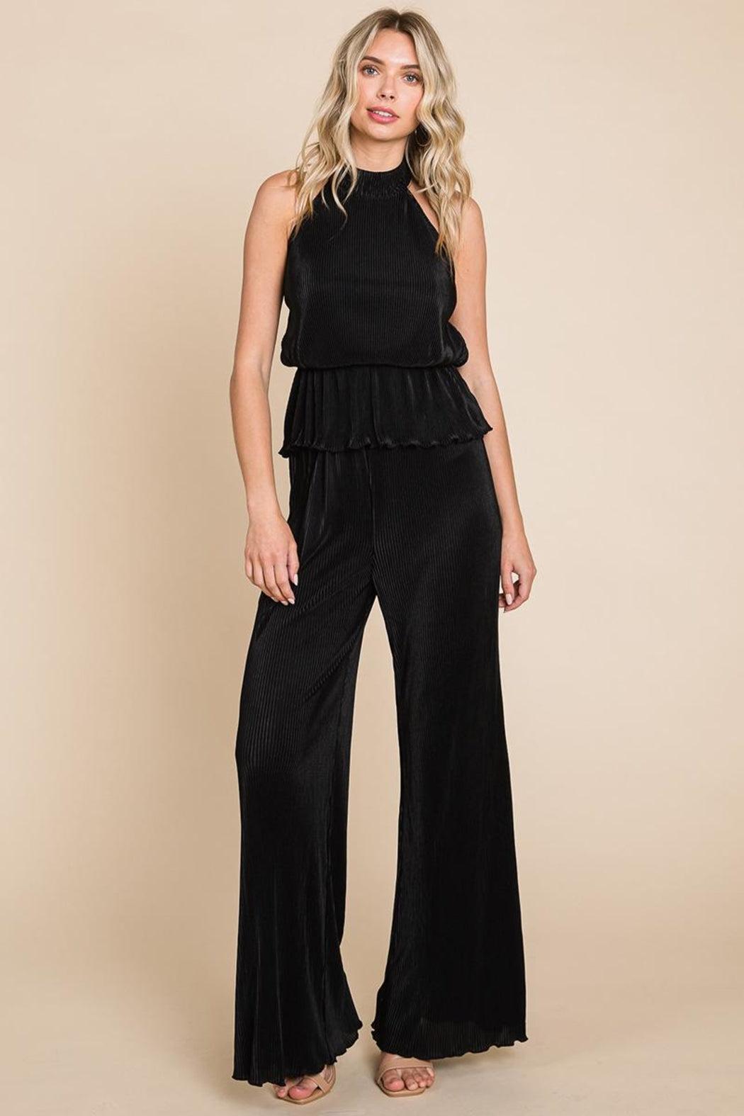 Pleated Backless Halter Tank & Wide Leg Pants Sets Product Image