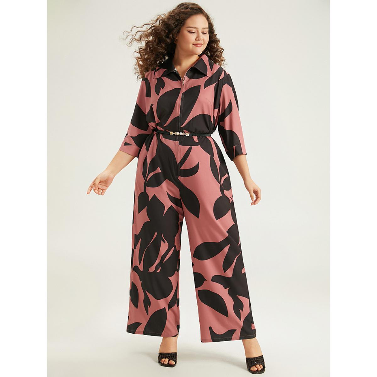 Plus Size DustyPink Silhouette Floral Print Zipper Belted Jumpsuit Women Elegant Elbow-length sleeve Shirt collar Everyday Loose Jumpsuits BloomChic 10/M Product Image