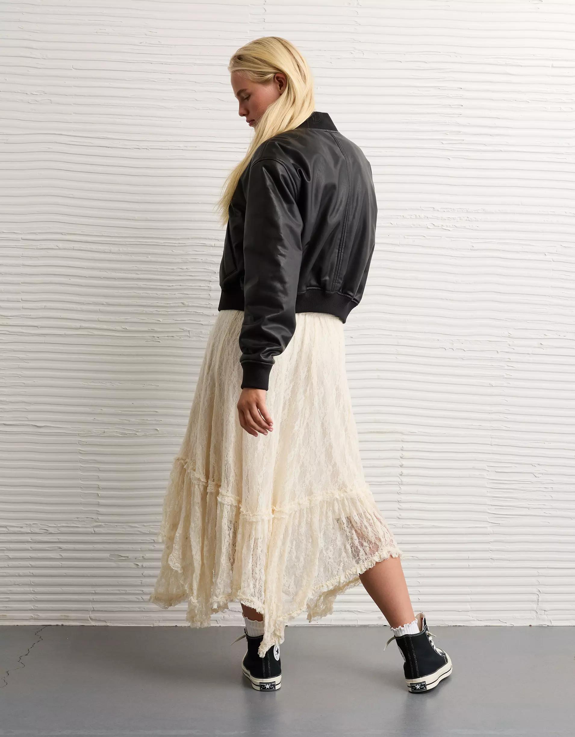 AE Faux Leather Cropped Bomber Jacket Product Image