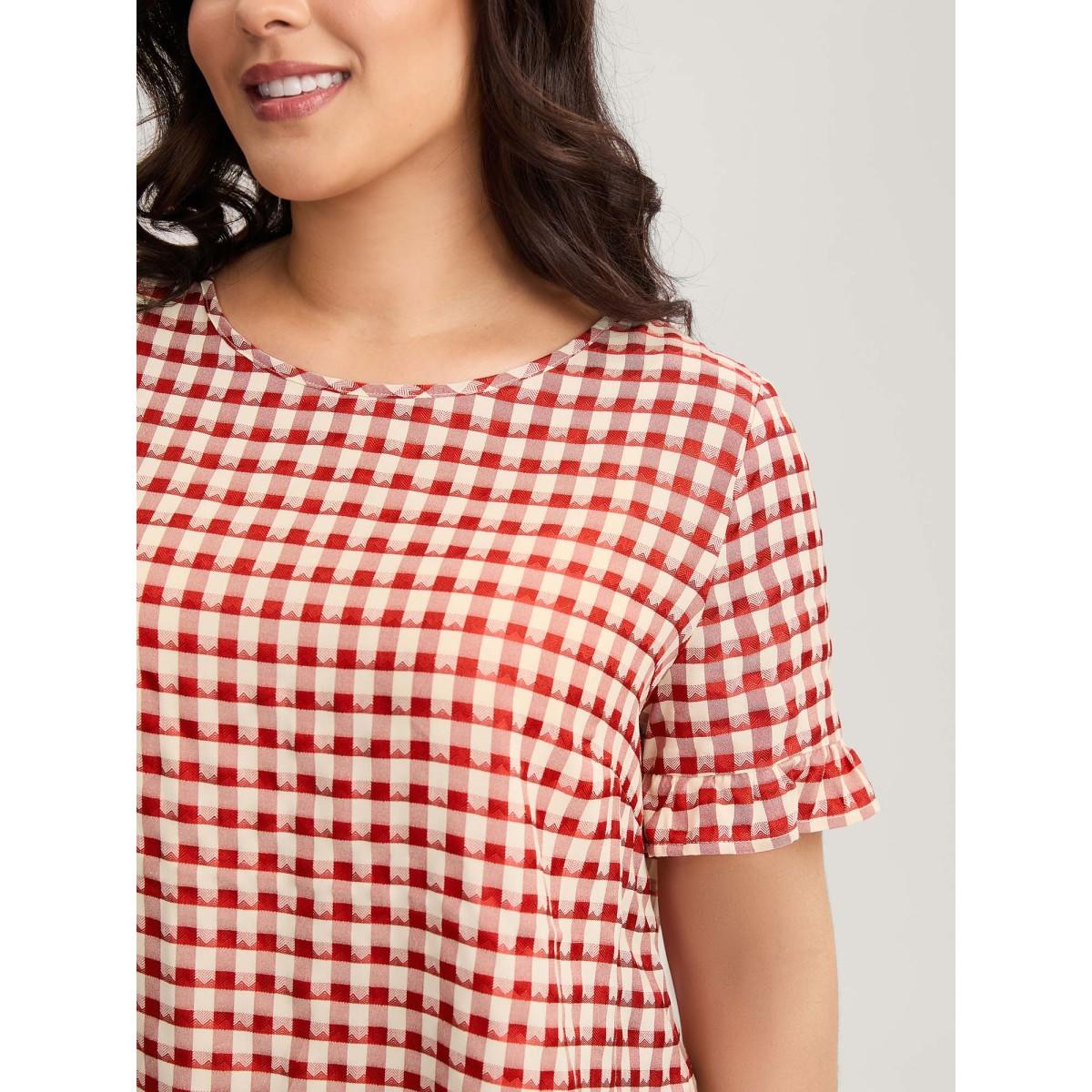 Plus Size Brightred Gingham Print Button Back Blouse Women Short sleeve Round Neck Everyday-Casual Blouses BloomChic 12/L Product Image